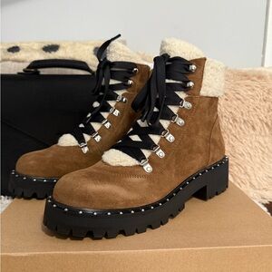 Steve Madden Brown Suede Combat Boots with Shearling